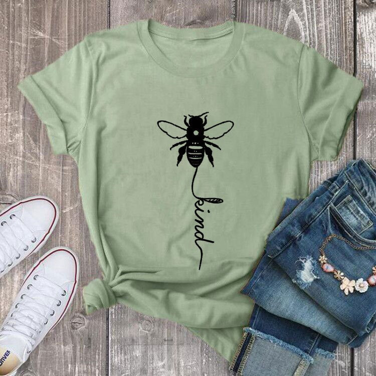 Cotton T Shirt Bee Kind Print Women Short Sleeve O Neck Loose Tshirt Summer Tee Shirt Tops