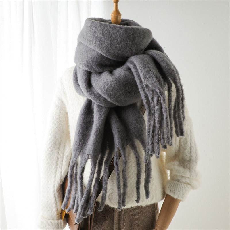 Mohair Scarf Solid Color Versatile Winter Warmth Lengthened Tassel Neck Scarf for Men and Women with Thick Beads Scarf - Mammalook