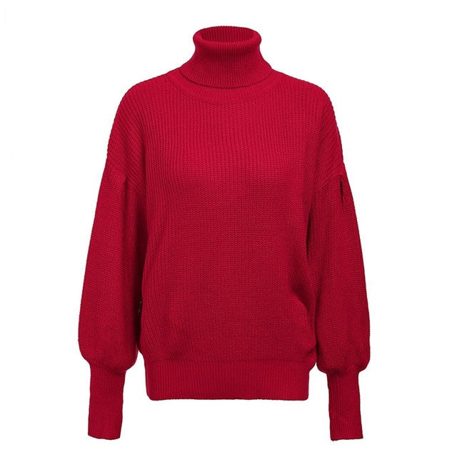 Turtleneck red winter sweater women knit Lantern sleeve white sweater female Loose oversized pullover knitted jumper