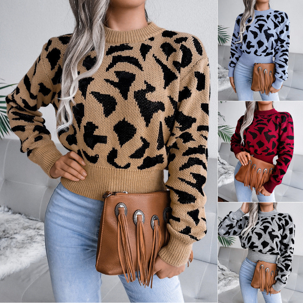 Tatsächliches Bild Herbst und Winter Casual Leopard Print Taille Strick Open Neck Pullover