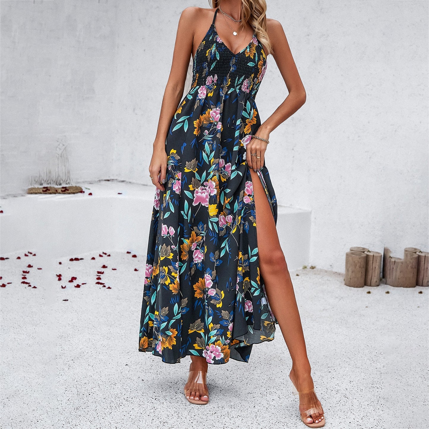 Kleid Frühling Sommer Freizeit Urlaub Print Neckholderkleid