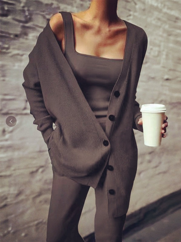 Solid color knitted jacket three piece set