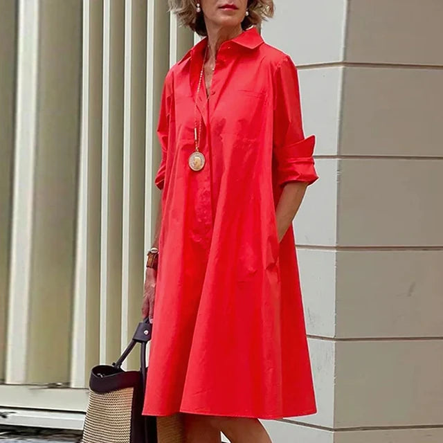 Shirt Dress - Casual Solid Color Long Sleeves with Turn-Down Collar