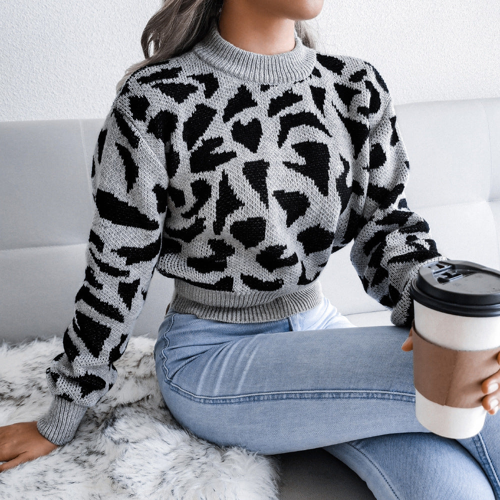 Tatsächliches Bild Herbst und Winter Casual Leopard Print Taille Strick Open Neck Pullover