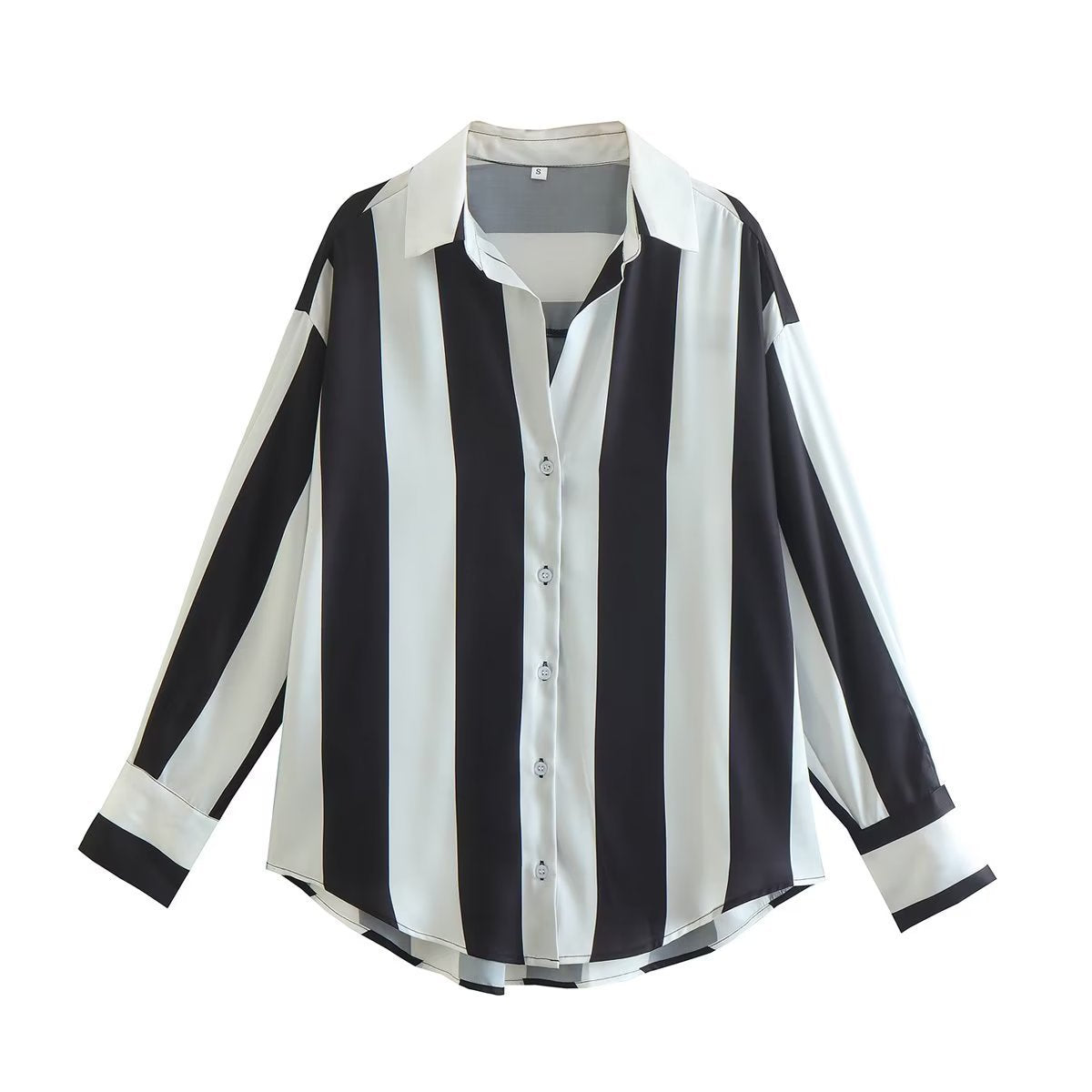 Autumn New Loose Slim Tricolor Vertical Stripe Splice Shirt Top Women