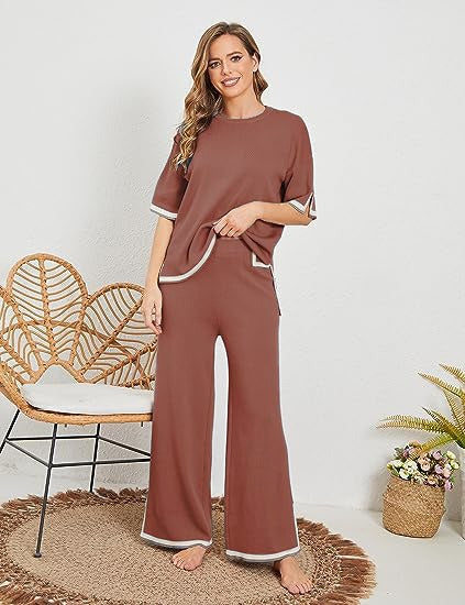 New summer knitted suit sweater suit short-sleeved pullover wide-leg pants - Mammalook