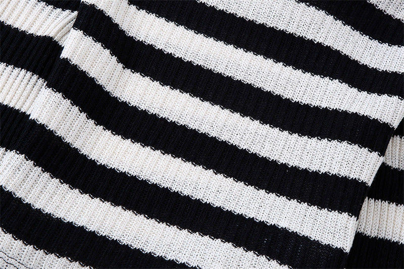 Autumn Women's Black And White Striped Top+Elastic Knitting Skirt Suit