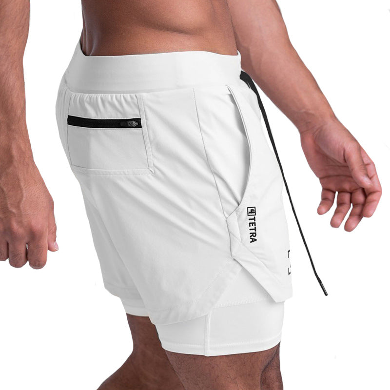 Tragen Sie Sommersportshorts für Herren, gefälschte zweiteilige, schnelltrocknende, doppellagige Basketballhose, Anti-Lauftrainingshose mit fünf Punkten