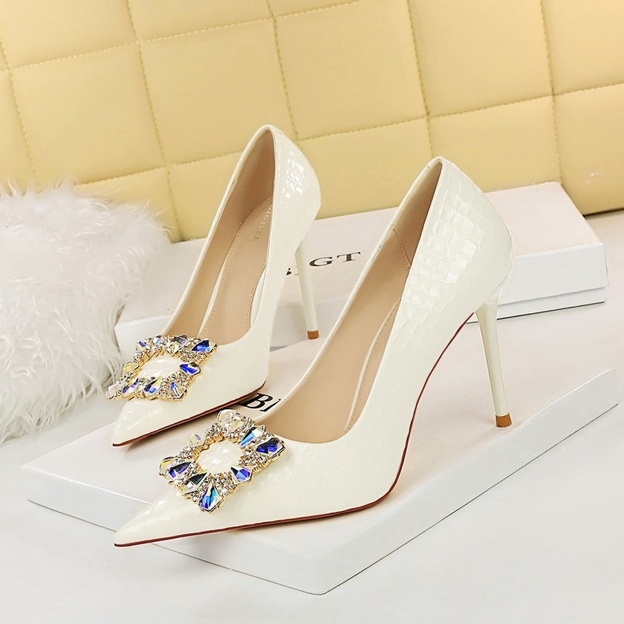 Banquet high heels thin women shoes stiletto super high heel shallow mouth pointed metal rhinestone buckle single shoes