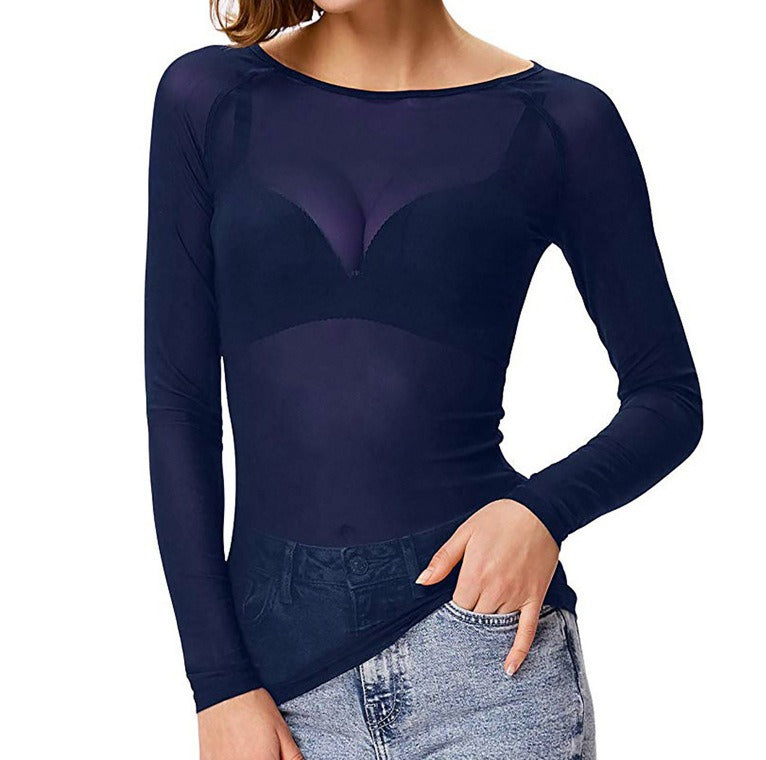 Mesh-Unterhemd für Damen, langärmliges, dünnes Mesh-Shirt, elastisches Oberteil für Damenbekleidung