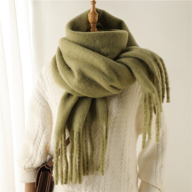 Mohair Scarf Solid Color Versatile Winter Warmth Lengthened Tassel Neck Scarf for Men and Women with Thick Beads Scarf - Mammalook