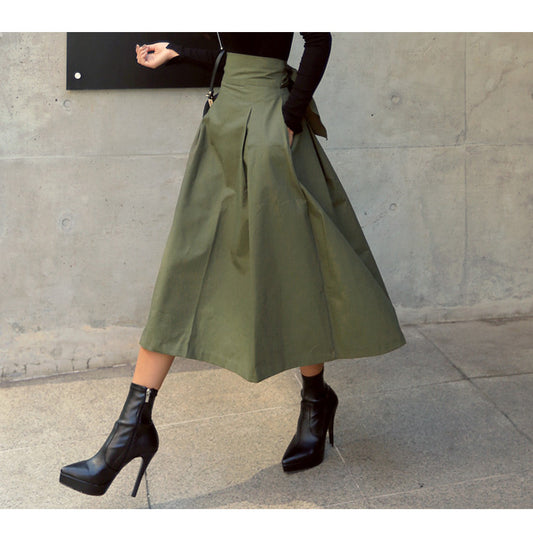 Skirts Womens Korean Fashion Solid Color Big Swing Ladies Skirt Long Skirt  Autumn Wild High Waist Bow Slim Skirts