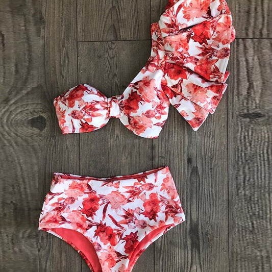 One Shoulder Bikini Set Sexy Ruffle Swimwear Women Swimsuit High Waist Bathing Suit Beachwear Red Print Biquini female