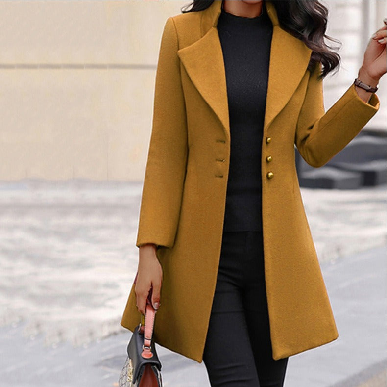 Autumn/Winter Mid length Korean Edition Flip Collar Slim Solid Color Slim Fit Women's Woolen Coat Coat