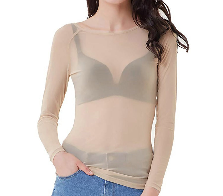 Mesh-Unterhemd für Damen, langärmliges, dünnes Mesh-Shirt, elastisches Oberteil für Damenbekleidung