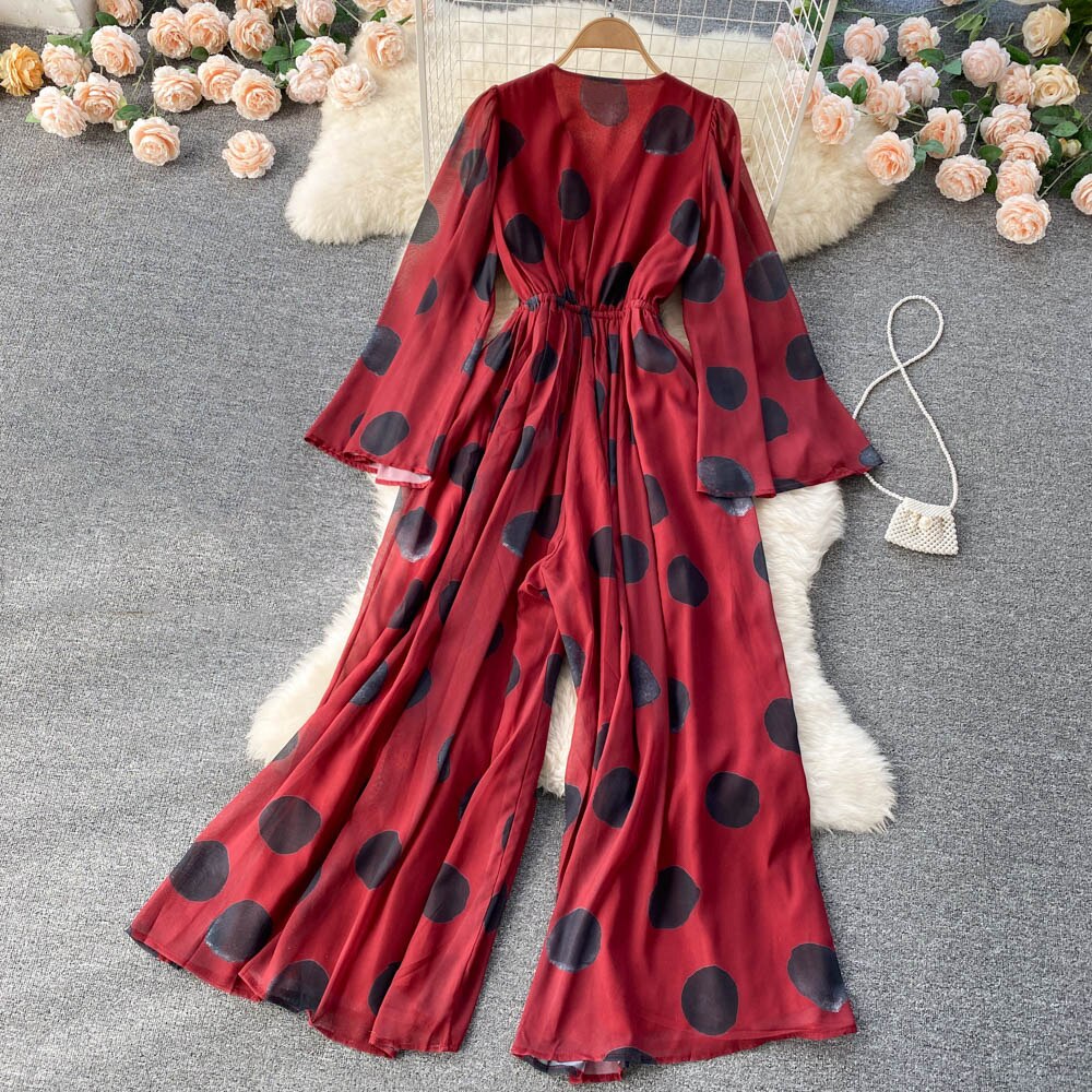 Tingfly Women France Chi Polka Dot Print Bohemian Casual Wide Leg Trousers Jumpsuits Chiffon Summer Boho Beach Style Overalls