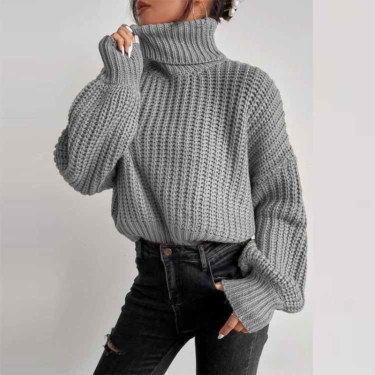 Fall Shoulder Long Sleeve Knitted Turtleneck Sweater for Women