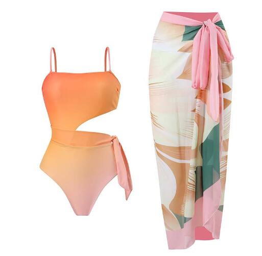 Gradient Print Fashion Swimsuit Set  Cover Up Biquini Naranja Swimwear With Skirt Patchwork Women's Bandage Summer Beach