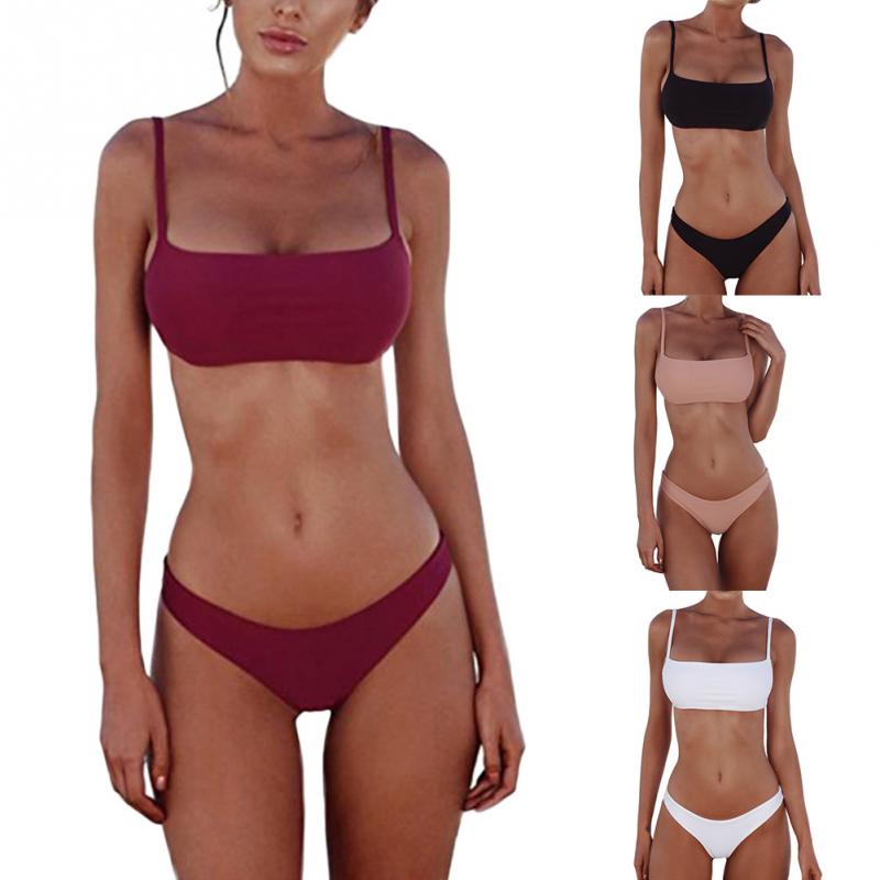 Summer Women Solid Bikini Set Push-up UnPadded Bra Swimsuit Swimwear Triangle Bather Suit Swimming Suit Biquini