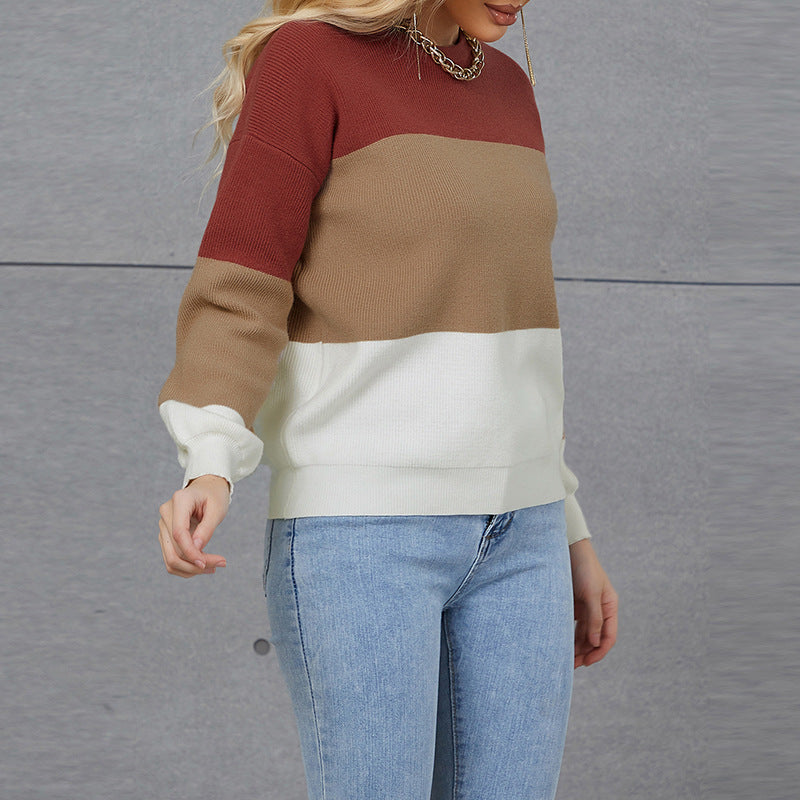 Autumn Women's New Fashion Color Contrast Splice Slim Round Neck Long Sleeve Slim Knitted Sweater