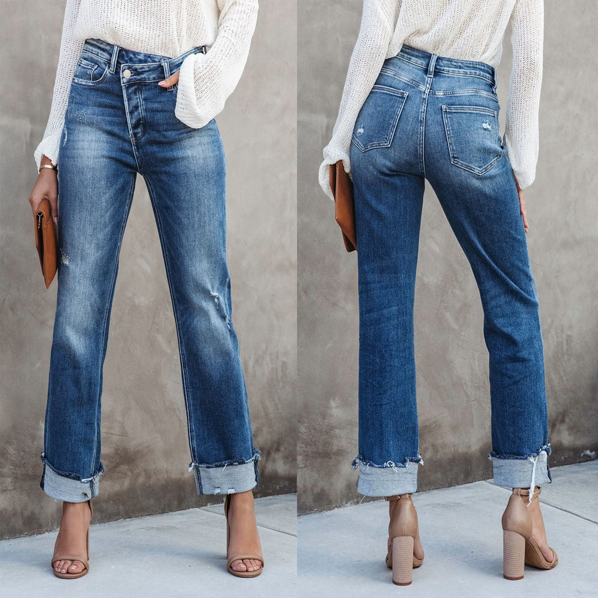 Jeans mit hoher Taille und Knopfleiste, gerade Beinform, Damenmode, urbane Freizeithose für Pendler, Jeanshose mit Löchern, waschbar