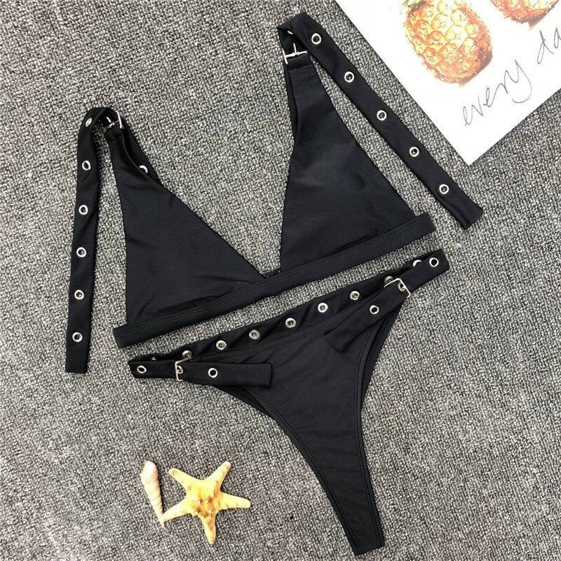 Strap Lace Buckle Bikini Swimsuit Women Padded Swimwear Sexy Plunge Neck Thong Bikini High Waist Biquini Monokini Bathing Suit