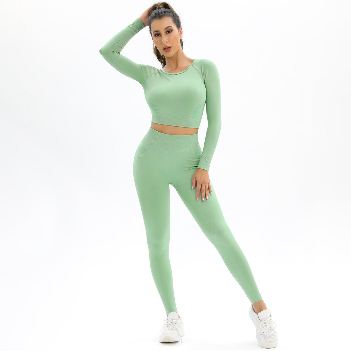 Peach Seamless Knitting Backless High Elastic Long Sleeve Yoga Suit Sports Running Fitness Two-Piece Set For Women