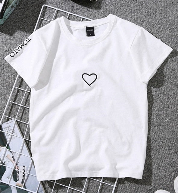 Summer Couples Lovers T-Shirt For Women Casual White Tops Tshirt Women T Shirt Love Heart Embroidery Print T-Shirt Female