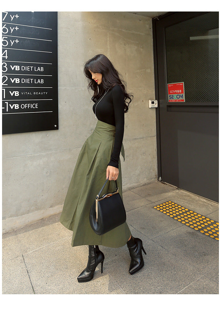 Skirts Womens Korean Fashion Solid Color Big Swing Ladies Skirt Long Skirt  Autumn Wild High Waist Bow Slim Skirts