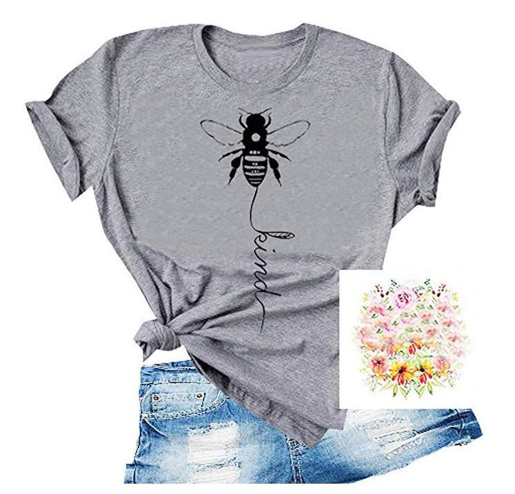 Cotton T Shirt Bee Kind Print Women Short Sleeve O Neck Loose Tshirt Summer Tee Shirt Tops