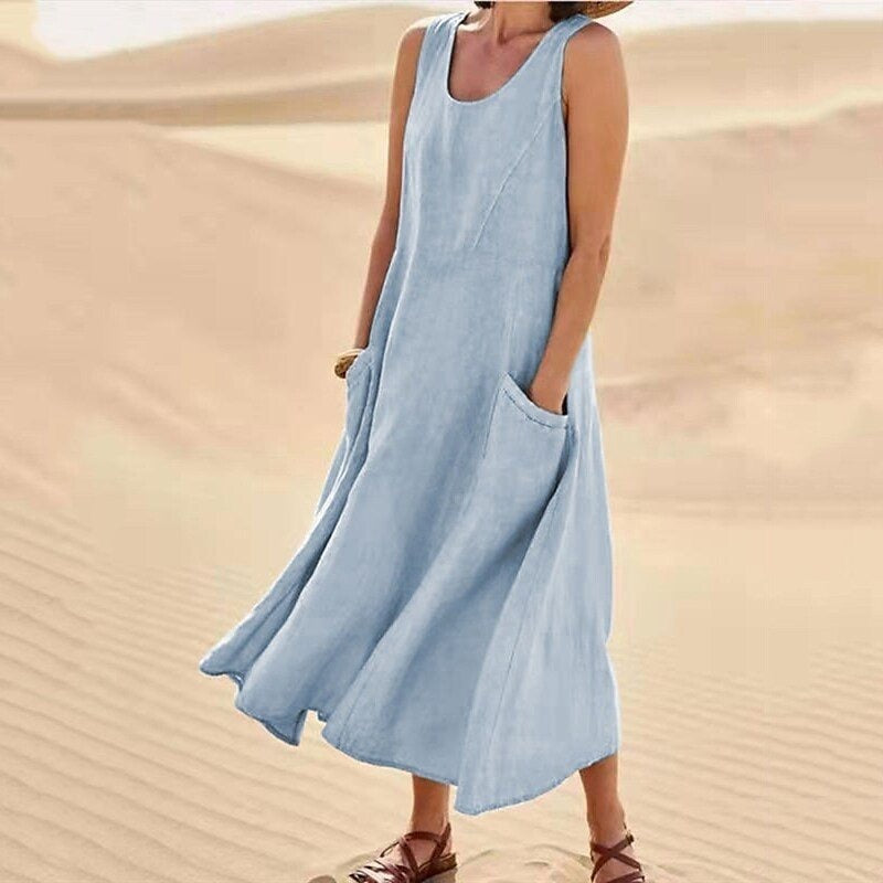 Pocket sleeveless round neck women's cotton and linen dress