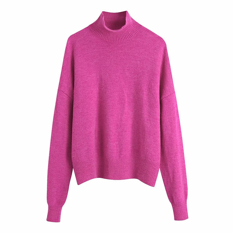 Women Fashion Solid Knit Sweater Top Long Sleeves High Neck Vintage Female Knitted Sweaters Pullover Chic Tops