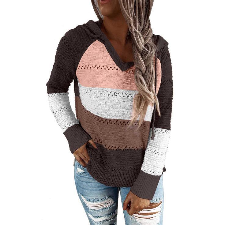 Autumn Winter Sweaters Women Hollow Long Sleeve Sweater Hoodie Tops V Neck Patchwork Casual Knitted Elegant Pullover Jumper