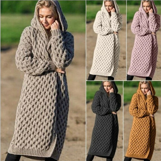 New Solid Color Women's Long Knitted Sweater Hooded Cardigan Coat