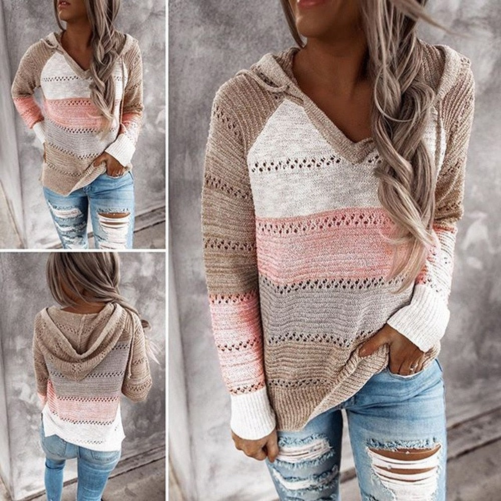 Autumn Winter Sweaters Women Hollow Long Sleeve Sweater Hoodie Tops V Neck Patchwork Casual Knitted Elegant Pullover Jumper