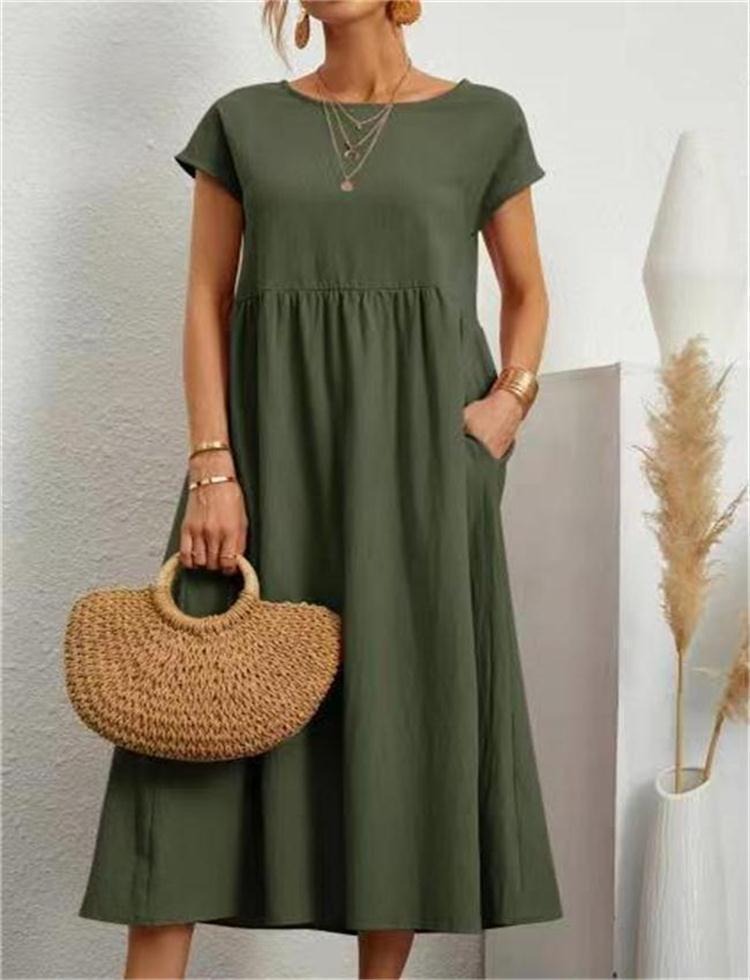 Solid color sleeveless loose pocket cotton linen dress