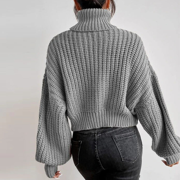 Fall Shoulder Long Sleeve Knitted Turtleneck Sweater for Women