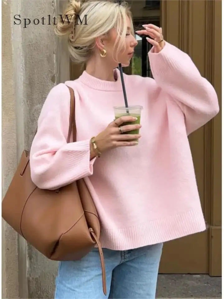 Round Neck Barbie Pink Loose Casual Pullover Sweater