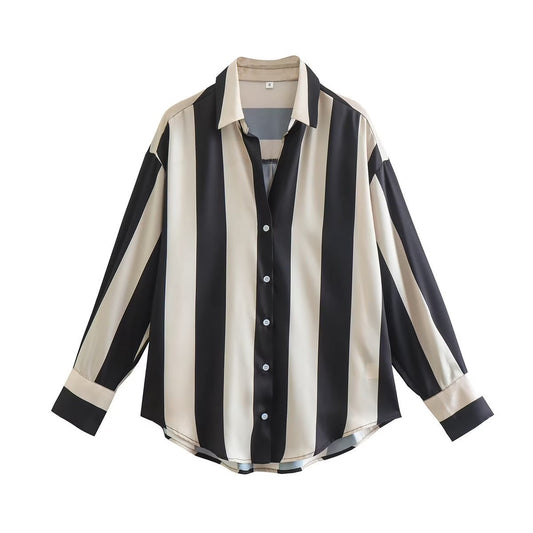 Autumn New Loose Slim Tricolor Vertical Stripe Splice Shirt Top Women