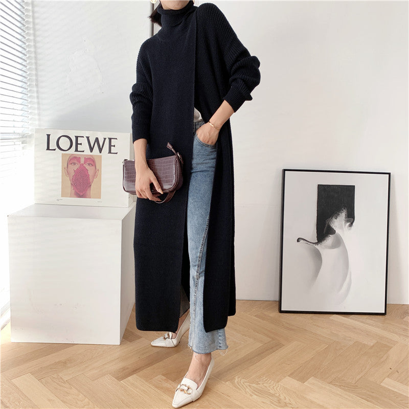 Slit Long Knitting Dress Women Big Size New Turtleneck Long Sleeve Loose Fit Fashion Tide Spring Autumn