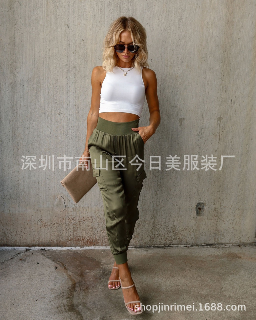 Autumn satin elastic waist pocket fashionable women's long pants casual pants