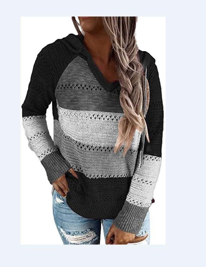 Autumn Winter Sweaters Women Hollow Long Sleeve Sweater Hoodie Tops V Neck Patchwork Casual Knitted Elegant Pullover Jumper