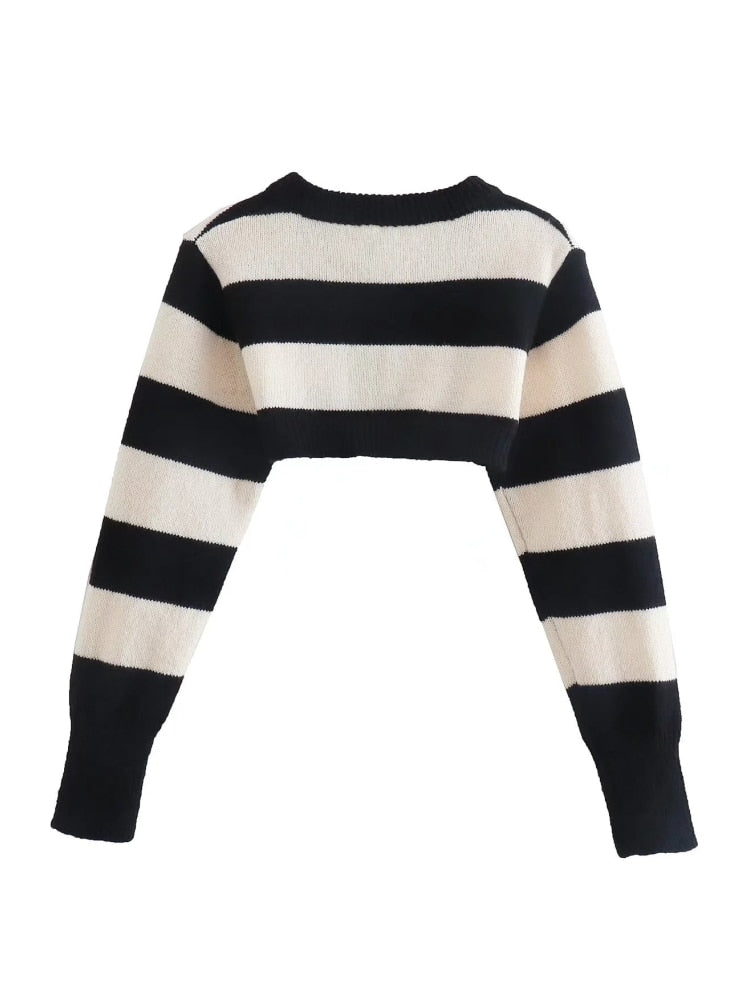 Women Black White Striped Knitted Sweater Summer Female Long Sleeve Pullover Casual Lady Crop Tops