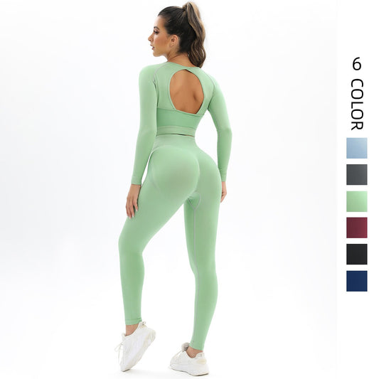 Peach Seamless Knitting Backless High Elastic Long Sleeve Yoga Suit Sports Running Fitness Two-Piece Set For Women