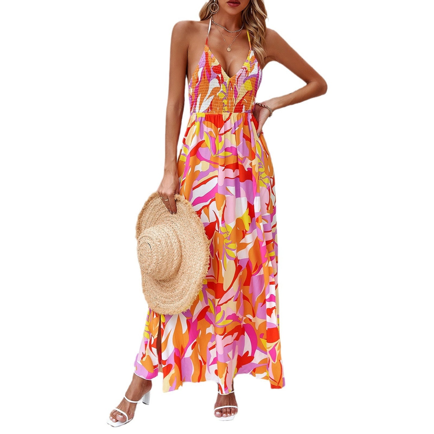 Kleid Frühling Sommer Freizeit Urlaub Print Neckholderkleid