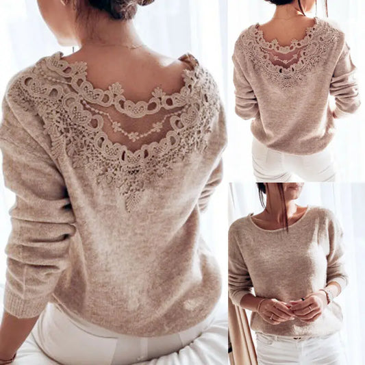 Women's Sweaters Winter Pullover Elegant Lace Backless Long Sleeve Jumper Top Knitted Sweater  Female Ladies Women's Clothes