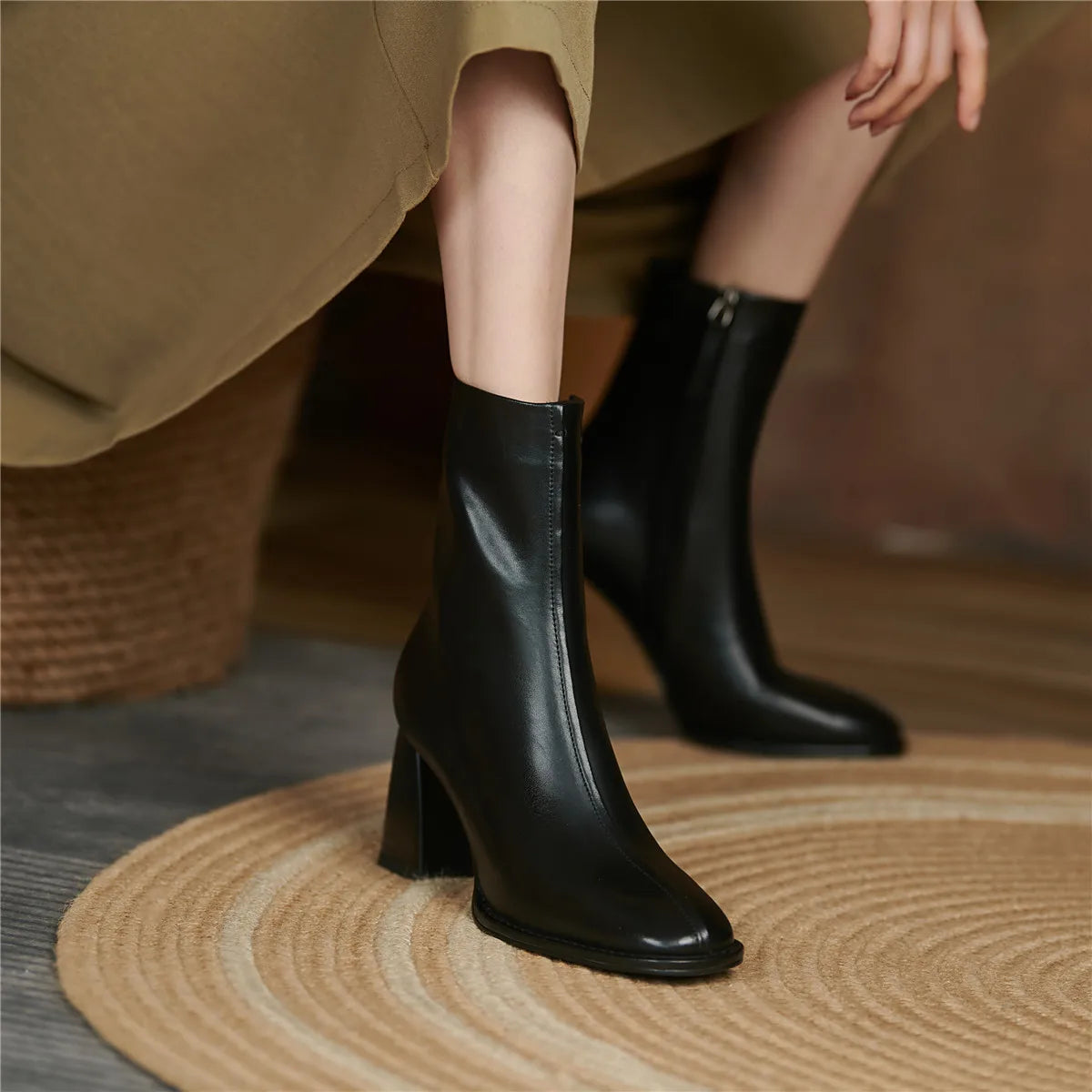 Women's Ankle Boots - Luxury Genuine Leather High Heels with Zipper, Black Chelsea Short Boot, Elegant Designer Style