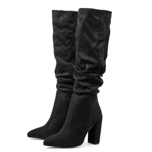 High-quality Leather/suede Pleated Knee-High Boots for Womens Sexy Pointed Toe 10CM Chunky Heels Knight Boots Winter New