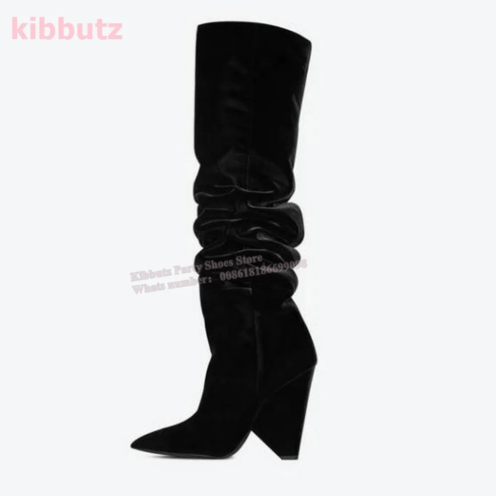 Over The Knee Boots Genuine Leather Pleated Solid Color Brown Pointed Toe Kitten Heel Fashion Sexy Elegant Women Shoes Newest