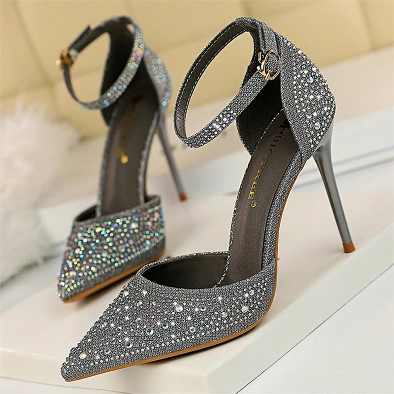 Summer New Fashion Shoes Shiny Rhinestones Designer Heels Wedding Banquet Shoes Crystal Sequined Women Pumps Golden Sandals - Mammalook